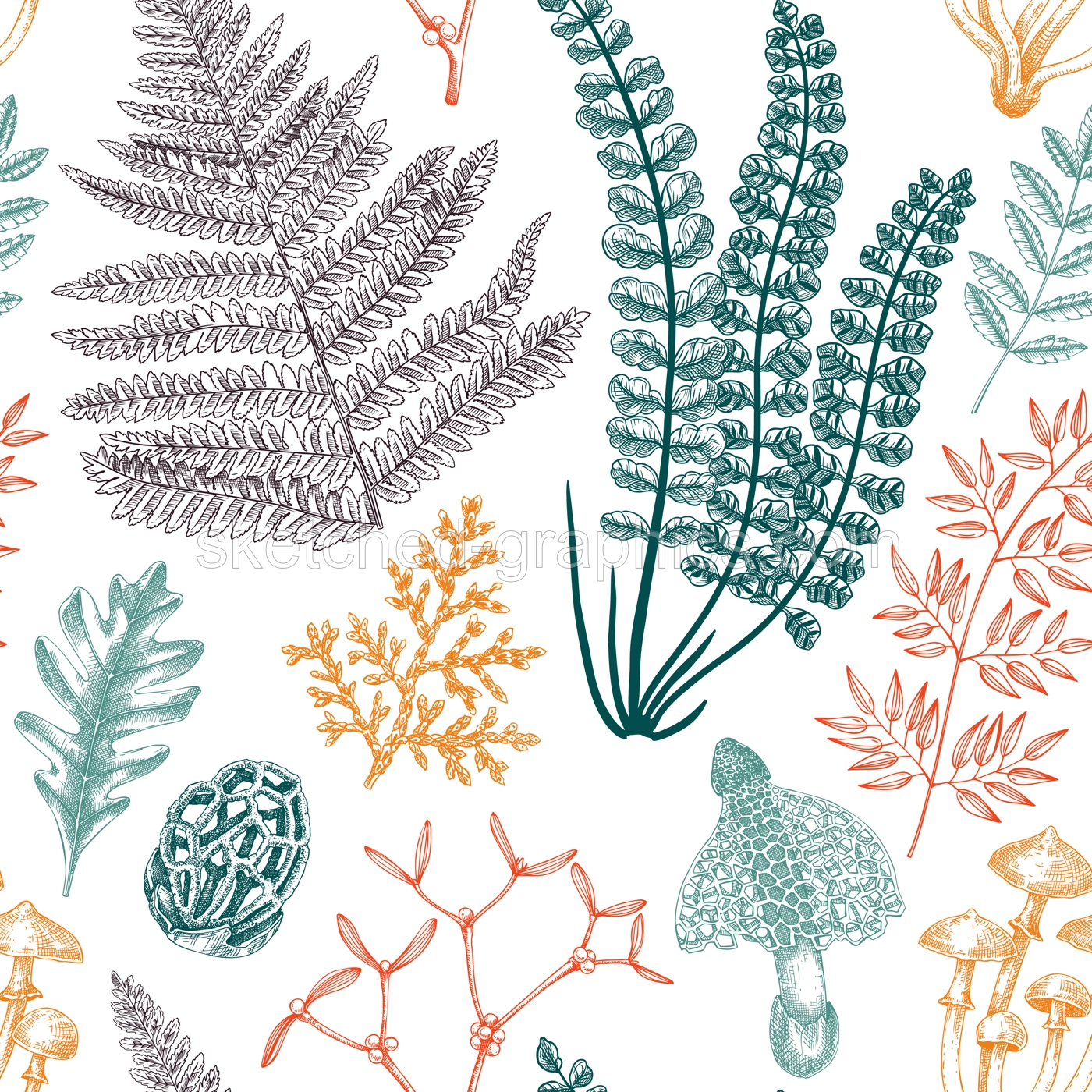 Vector seamless pattern with fern leaf, mushrooms, fall leaves and autumn plant sketches. Monochrome botanical repeating texture. Hand drawn autumn forest background. Vintage nature design for print Illustration